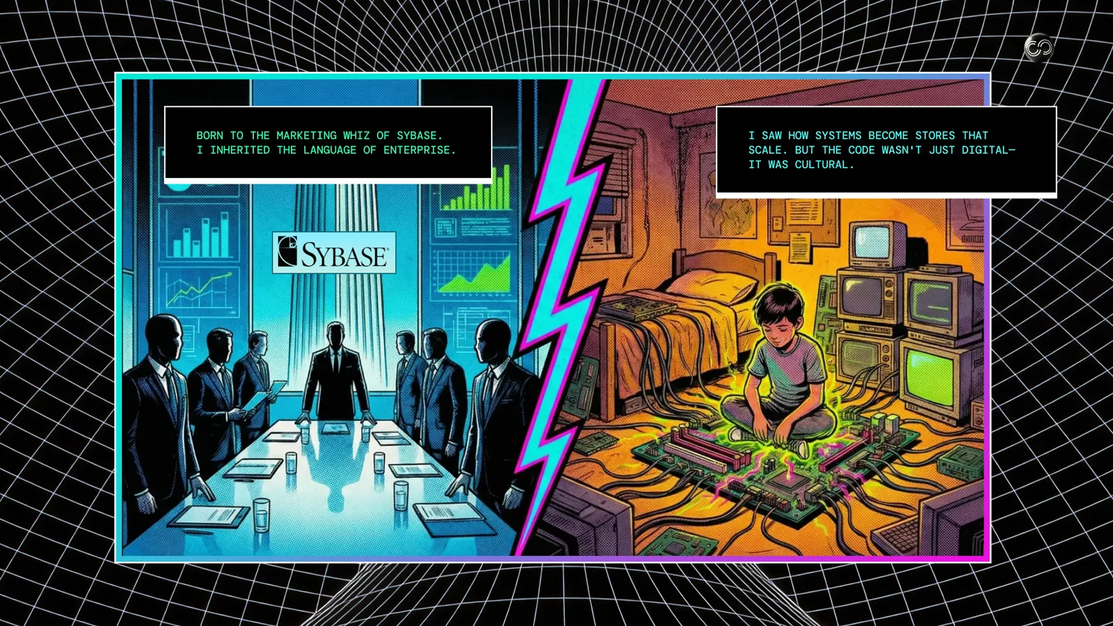 Panel 1. A split scene: a boardroom under a database company's logo, and a child at home surrounded by old computers.