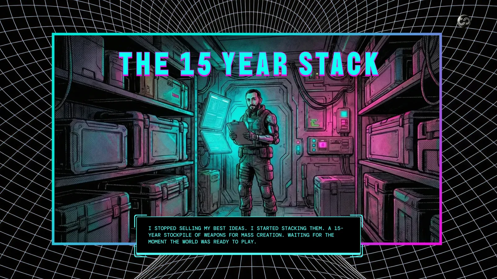 Panel 7, The 15 Year Stack. A man standing in a neon-lit vault lined with stored ideas.