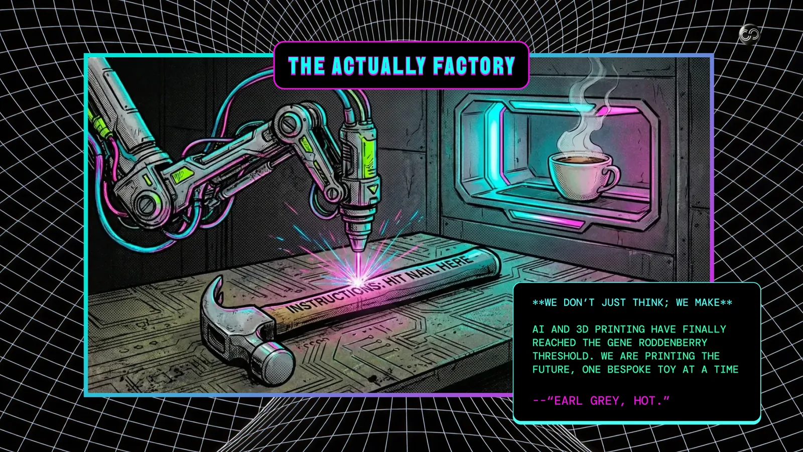 Panel 9, The Actually Factory. A robot arm printing an object next to a hammer and a cup of tea.