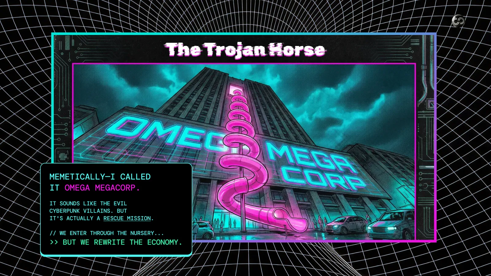 Panel 10, The Trojan Horse. A neon sign reading Omega Mega Corp on a skyscraper under storm clouds.