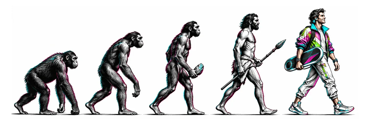 Five figures in a march-of-progress line, from an ape to a modern person in a neon jacket carrying a board.