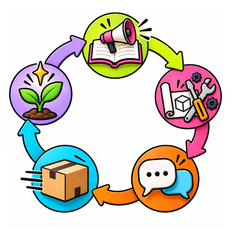 A five-part wheel: a megaphone and book, tools, speech bubbles, a parcel, and a seedling, joined by arrows.