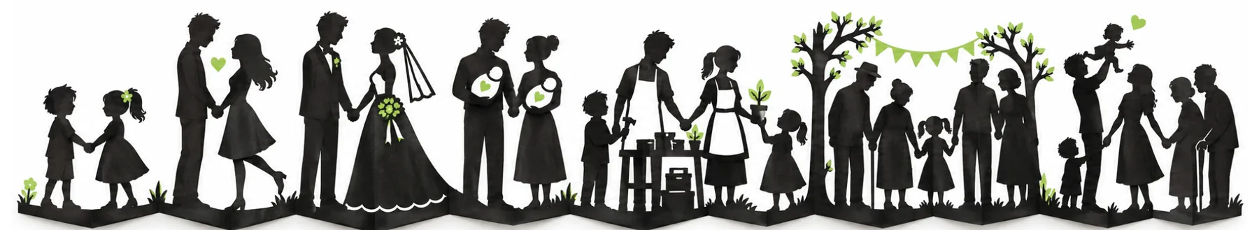 A row of silhouettes moving through life: children, a couple, a wedding, a family, a workshop, a community, and grandparents with grandchildren.