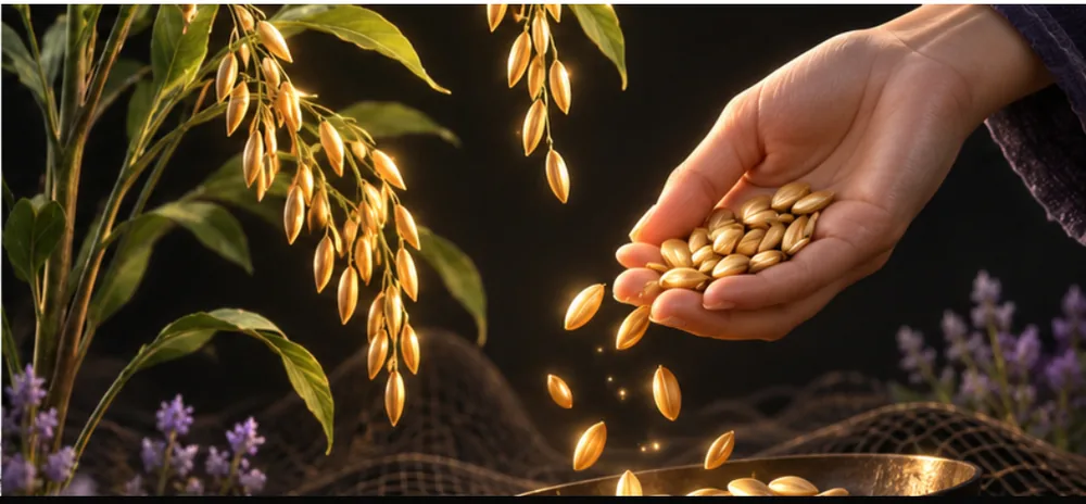 Hands gathering golden grain at dusk.