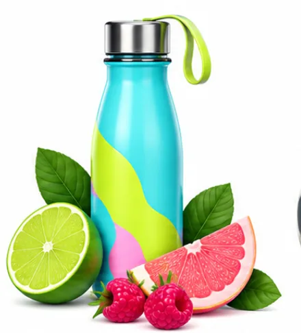 A water bottle with lime, raspberries and grapefruit.