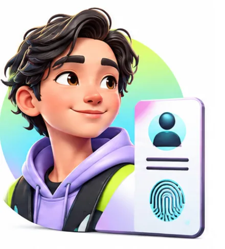 A smiling cartoon character beside an identity card with a fingerprint.
