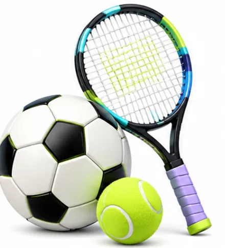 A football, a tennis racket and a tennis ball.
