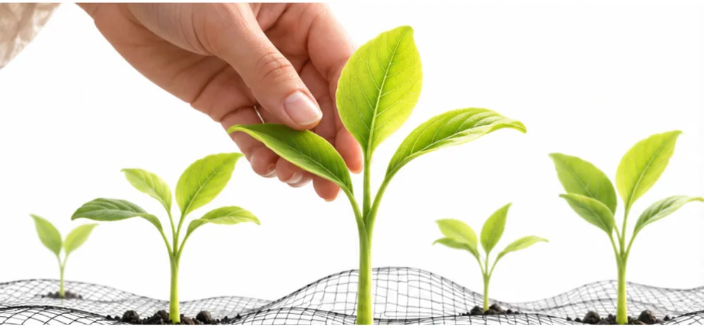 A hand tending a row of green seedlings.