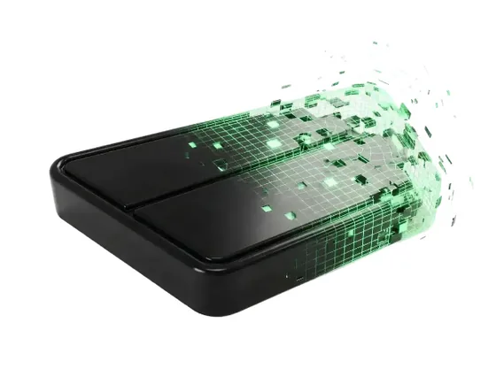A black tablet-like device dissolving into green voxels.